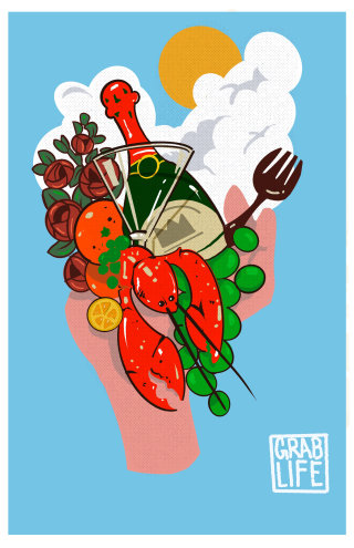 Ilustración promocional de alimentos y viajes.