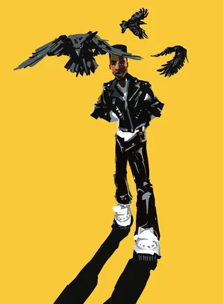 Fashion illustration of person in black outfit with birds flying, by Quincy Sutton