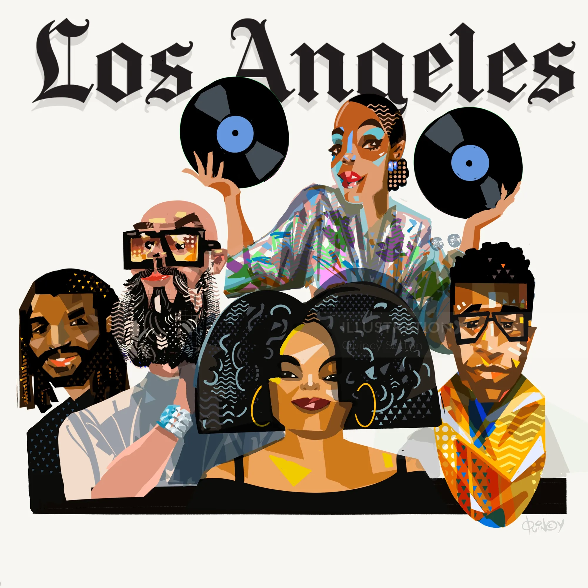 Illustration of diverse Los Angeles DJs holding vinyl records by Quincy Sutton
