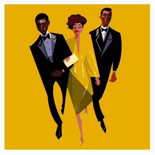Three stylish people in formalwear, illustration by Quincy Sutton