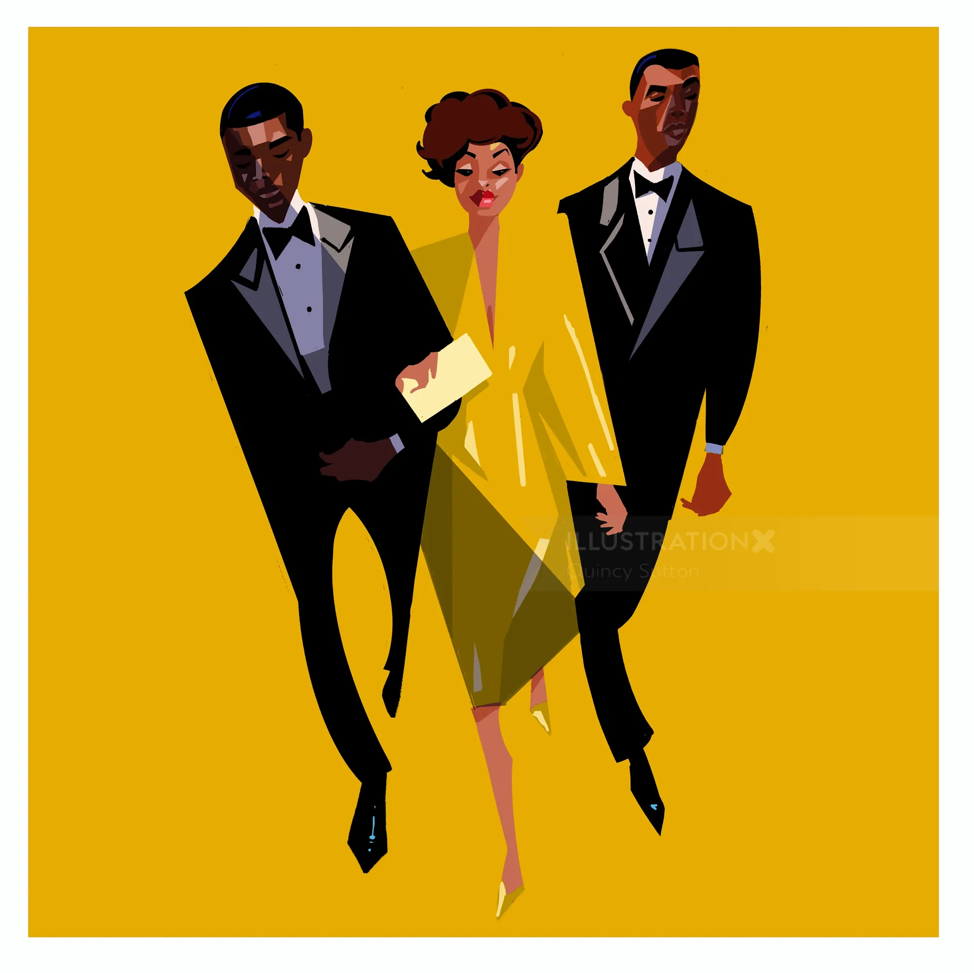 Three stylish people in formalwear, illustration by Quincy Sutton
