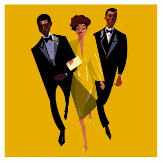 Three stylish people in formalwear, illustration by Quincy Sutton