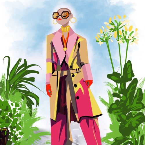 Stylish person in colorful trench coat and pants with glasses by plants, Quincy Sutton