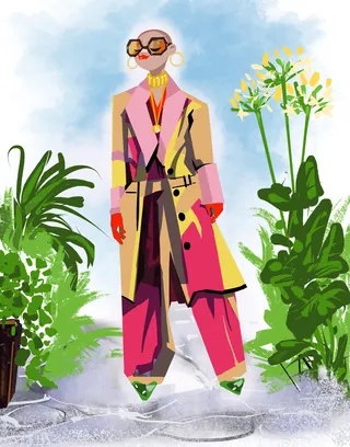 Stylish person in colorful trench coat and pants with glasses by plants, Quincy Sutton