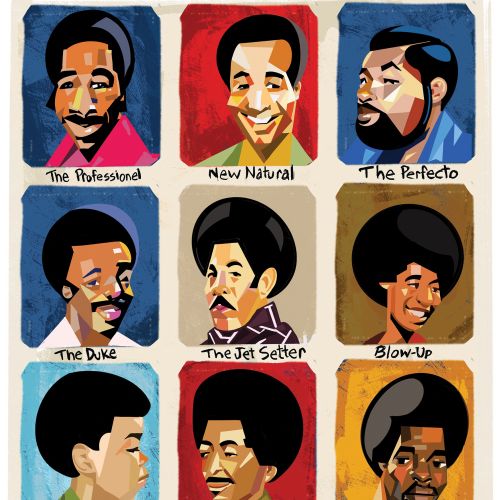 Collage artwork featuring retro barber styles