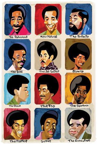 Collage artwork featuring retro barber styles