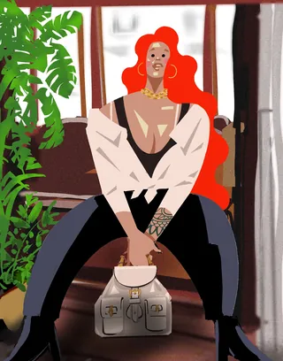 Fashion illustration of a red-haired woman holding a handbag by Quincy Sutton