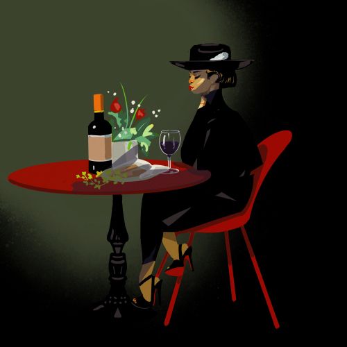 Stylized painting of woman in black dress drinking wine at table by Quincy Sutton