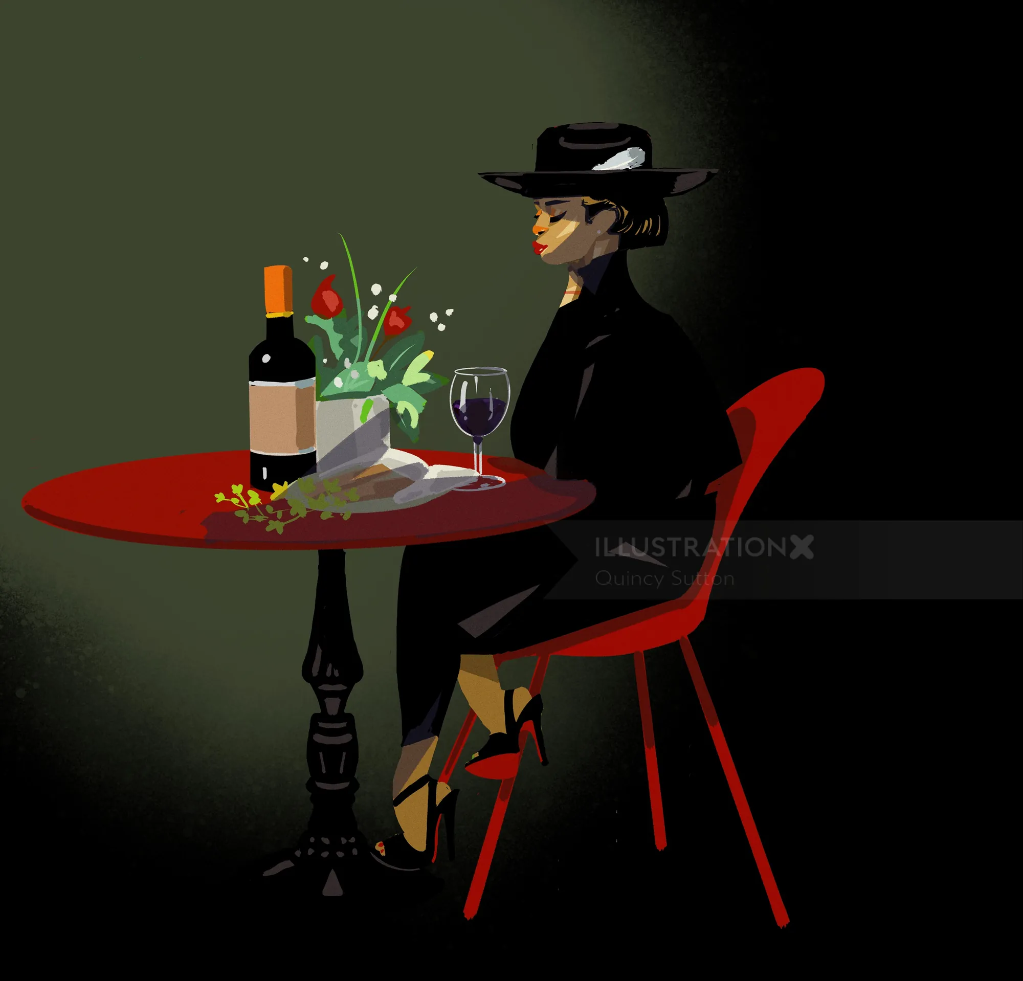 Stylized painting of woman in black dress drinking wine at table by Quincy Sutton