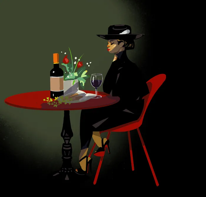 Stylized painting of woman in black dress drinking wine at table by Quincy Sutton