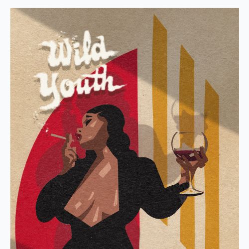 Woman smoking and holding wine glass, poster style illustration by Quincy Sutton