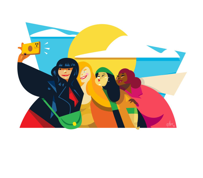 Flat color portrait of women taking a selfie