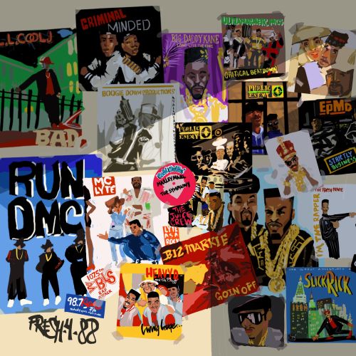 Collage of classic hip hop album covers by Quincy Sutton
