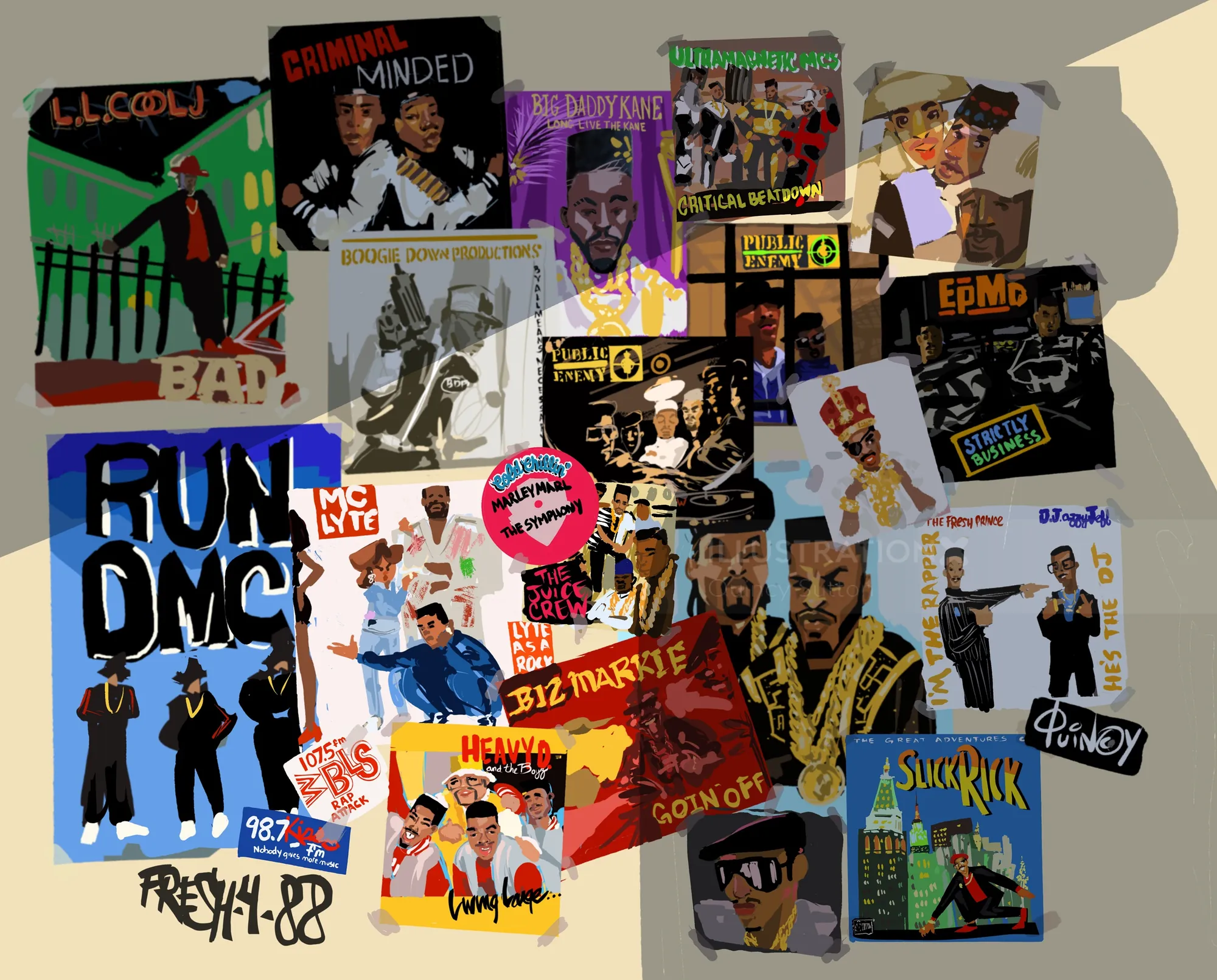 Collage of classic hip hop album covers by Quincy Sutton