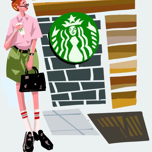 Illustration of woman standing outside Starbucks Coffee by Quincy Sutton