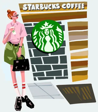 Illustration of woman standing outside Starbucks Coffee by Quincy Sutton