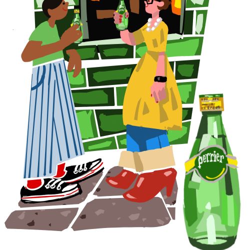 Two women outside shop sharing Perrier water bottle by Quincy Sutton