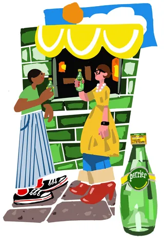 Two women outside shop sharing Perrier water bottle by Quincy Sutton