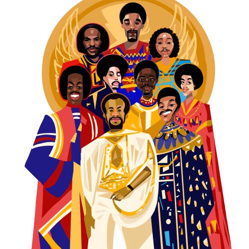 Group of nine African American individuals in colorful, regal clothing illustration