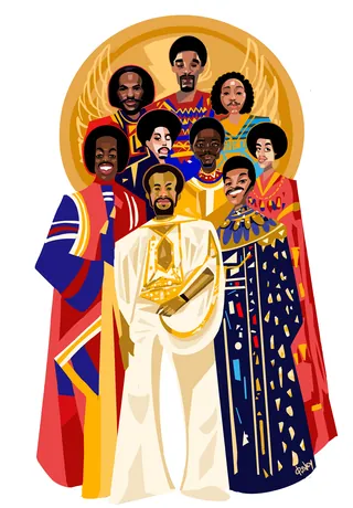 Group of nine African American individuals in colorful, regal clothing illustration