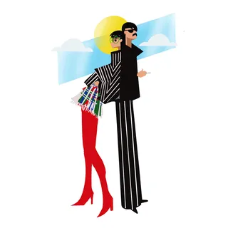 Fashionable man and woman with striped clothing in front of sun.