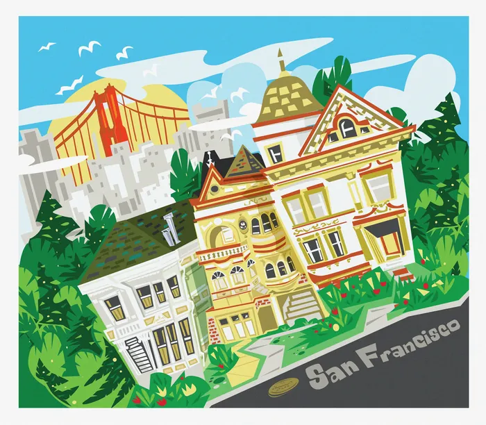 Illustration of Victorian houses and Golden Gate Bridge in San Francisco