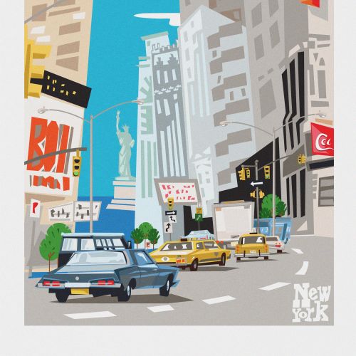 Busy New York City street scene with cars and Statue of Liberty in background
