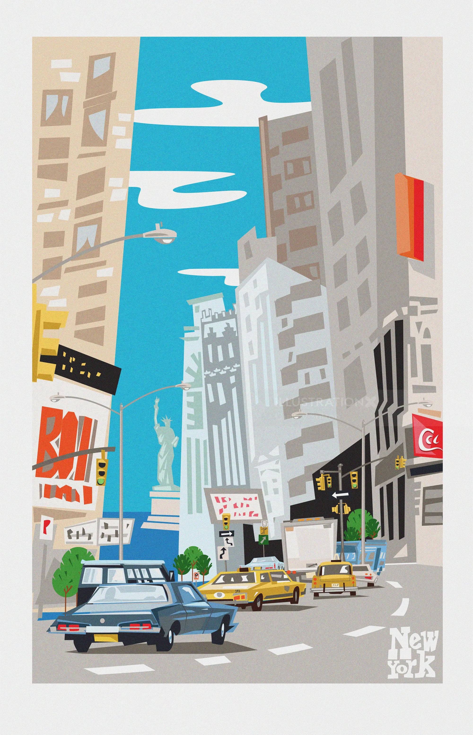 Busy New York City street scene with cars and Statue of Liberty in background