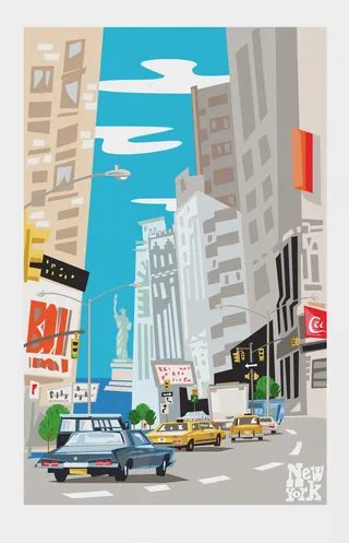 Busy New York City street scene with cars and Statue of Liberty in background