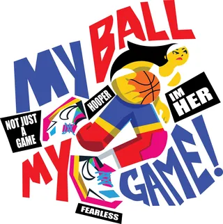 Illustration of a woman playing basketball with motivational text