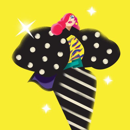 Fashion illustration of woman in colorful bold patterned outfit by Quincy Sutton