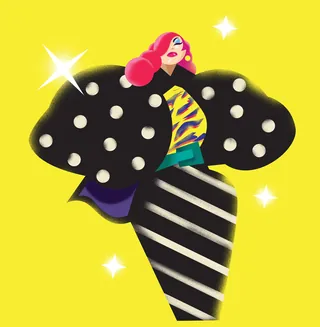 Fashion illustration of woman in colorful bold patterned outfit by Quincy Sutton