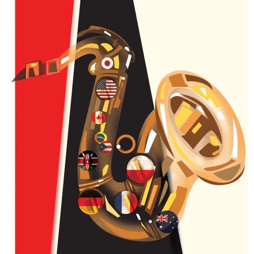 Stylized saxophone with international flags by Quincy Sutton
