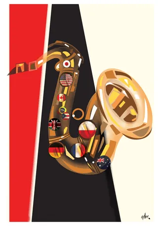 Stylized saxophone with international flags by Quincy Sutton