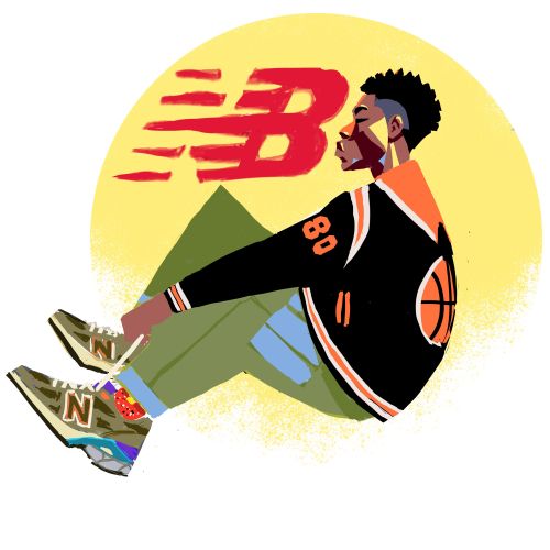 Colorful illustration of a person wearing New Balance sneakers by Quincy Sutton