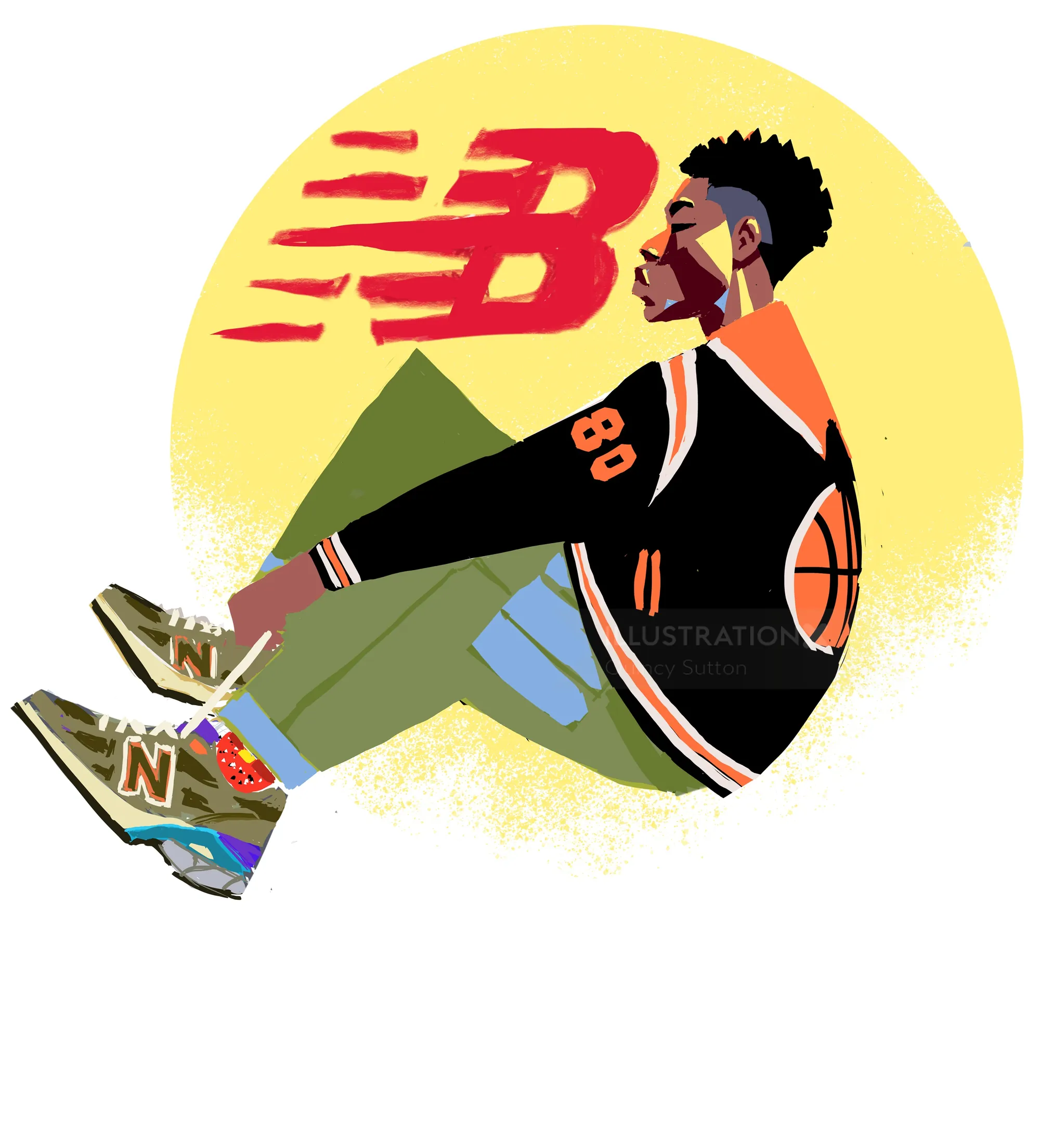 Colorful illustration of a person wearing New Balance sneakers by Quincy Sutton
