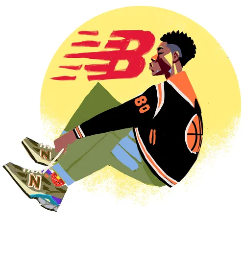 Colorful illustration of a person wearing New Balance sneakers by Quincy Sutton