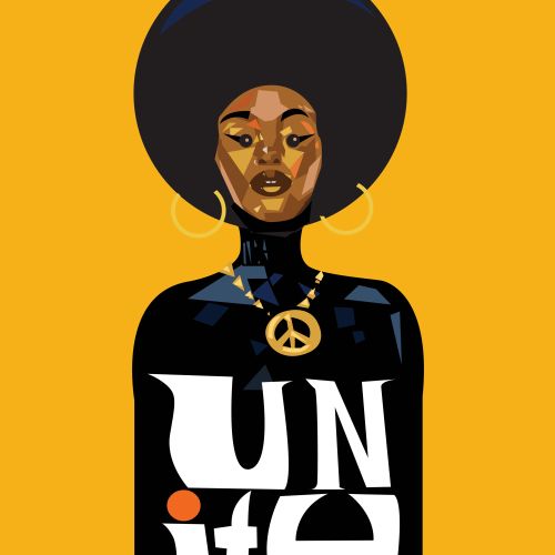 Illustration of woman with afro, peace symbol necklace, and UNITE shirt by Quincy Sutton