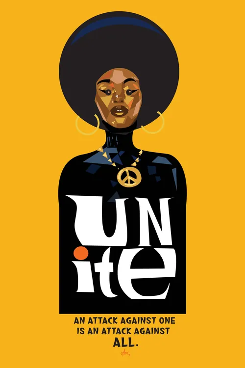 Illustration of woman with afro, peace symbol necklace, and UNITE shirt by Quincy Sutton