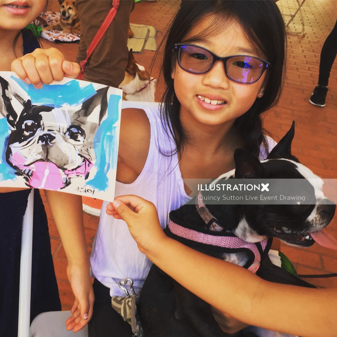 犬のアートで女性を描くライブイベント
