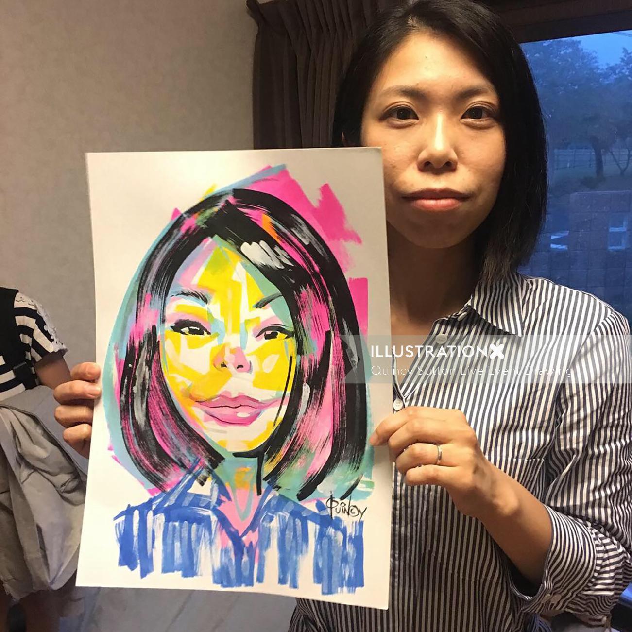 Evento ao vivo desenhando mulher asiática com sua arte