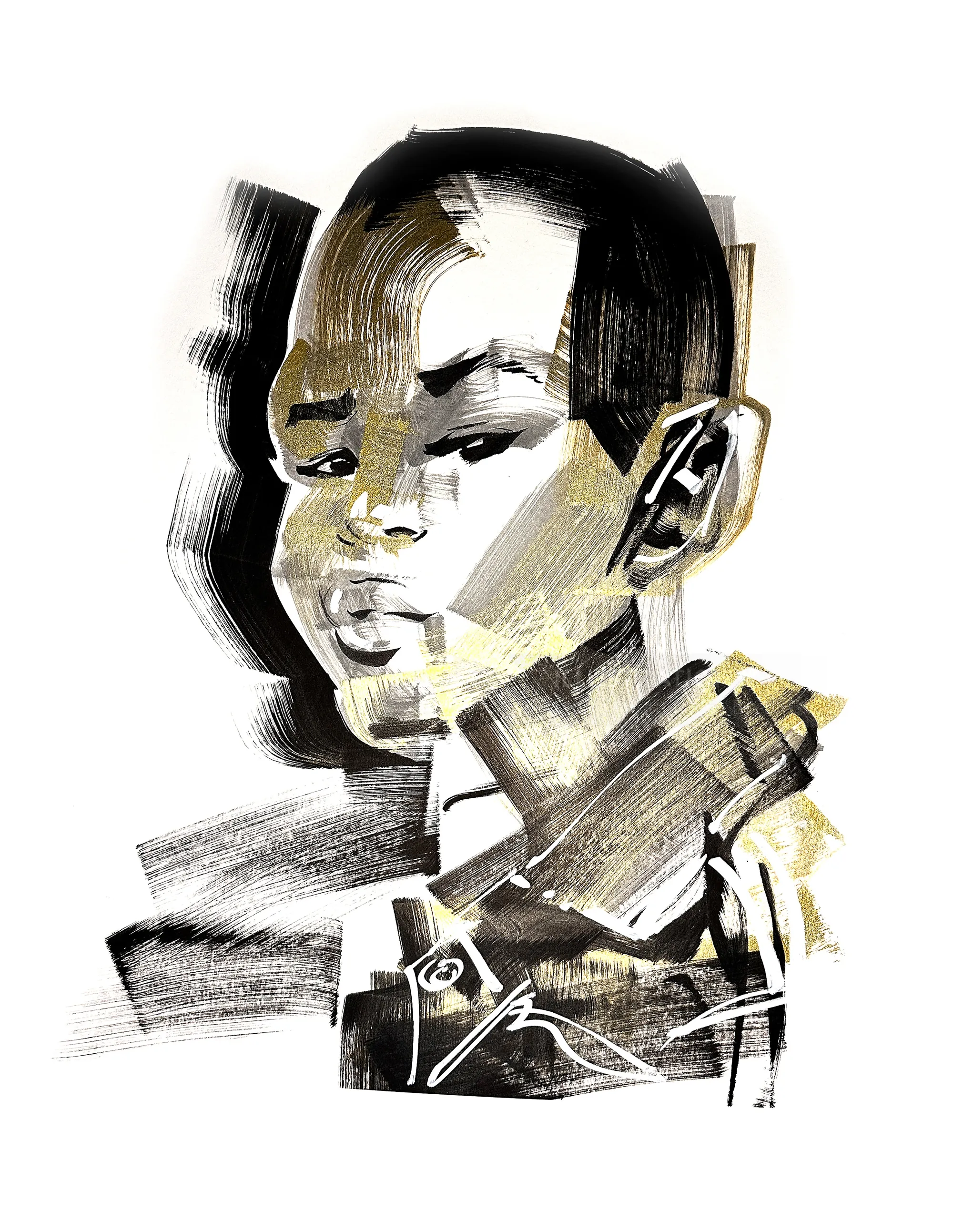 Abstract fashion portrait of a person in ink and acrylic by Quincy Sutton
