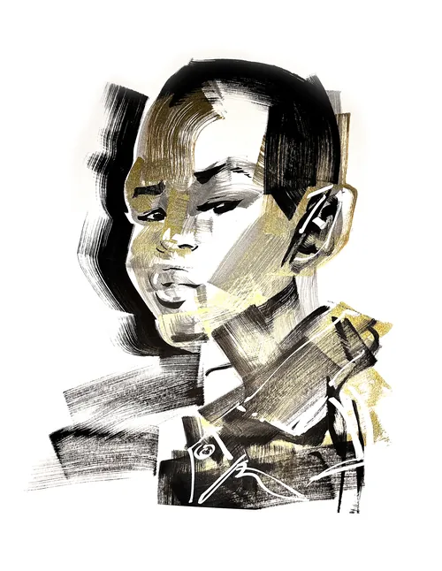 Abstract fashion portrait of a person in ink and acrylic by Quincy Sutton