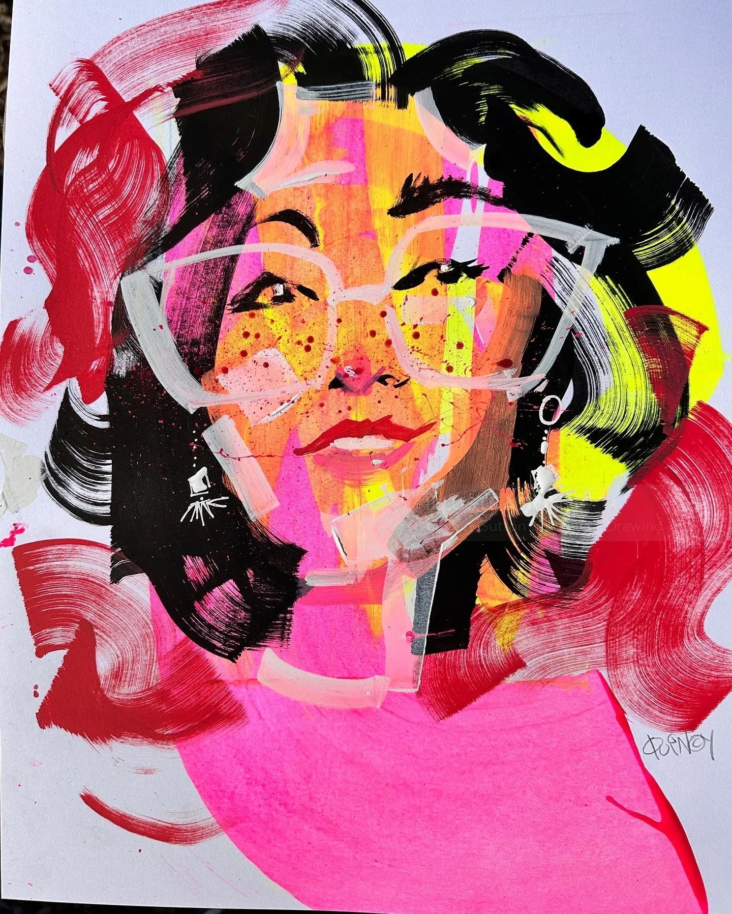 Abstract fashion portrait with glasses in ink and acrylic by Quincy Sutton