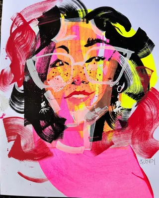 Abstract fashion portrait with glasses in ink and acrylic by Quincy Sutton