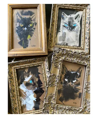 Four framed abstract cat portraits by Quincy Sutton
