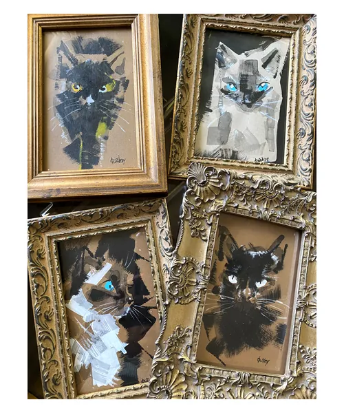 Four framed abstract cat portraits by Quincy Sutton