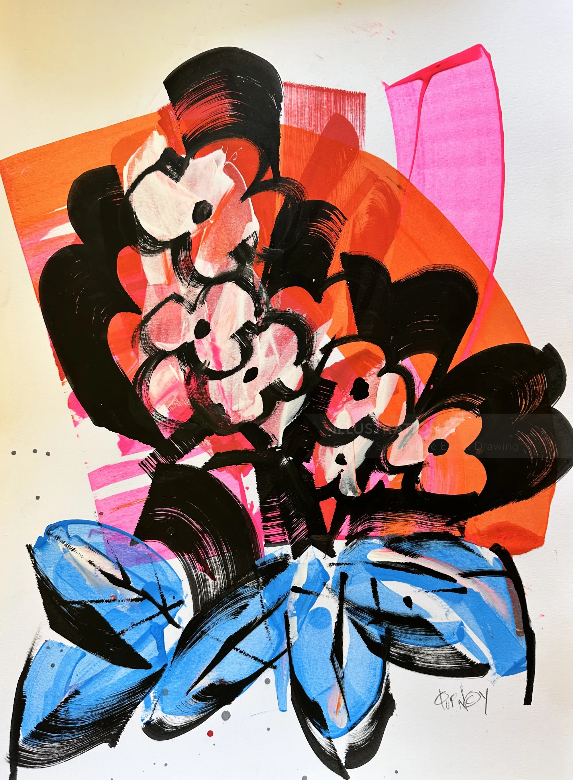 Abstract floral painting with bold black, blue, and pink strokes by Quincy Sutton