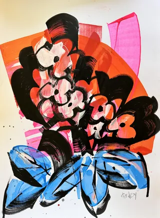 Abstract floral painting with bold black, blue, and pink strokes by Quincy Sutton
