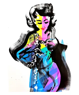 Stylized fashion portrait in ink and acrylic by Quincy Sutton